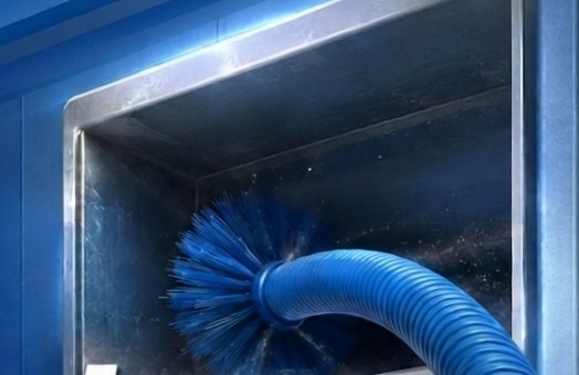 Rotary brush and vacuum hose cleaning a ceiling AC supply vent in a Dubai property